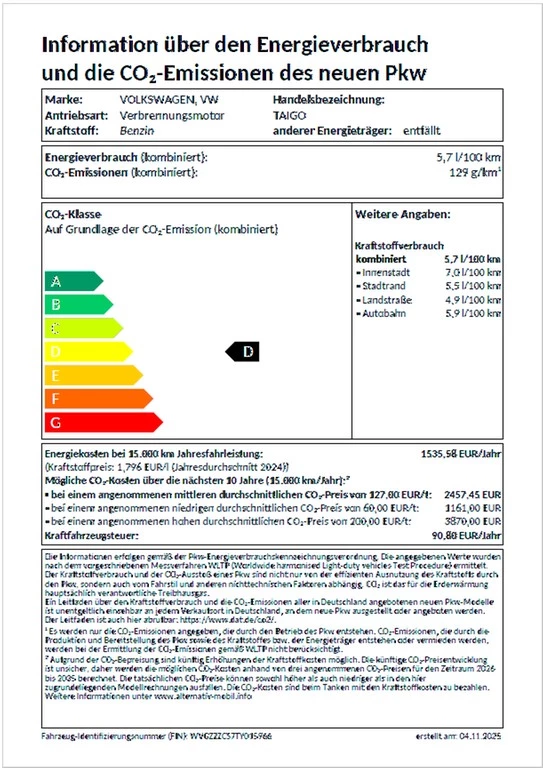 Volkswagen Taigo 1,0 l TSI OPF 85 kW (116 PS) DSG Energy VAL